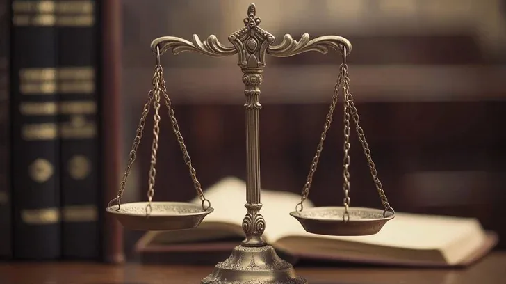 Scales of justice on a desk beside law books